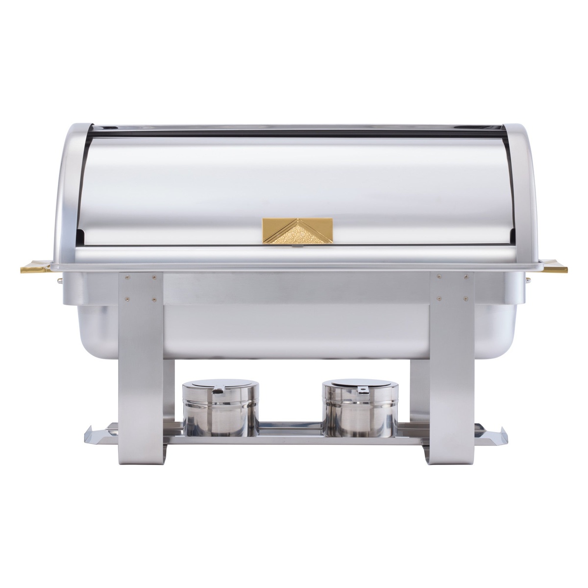 Winco Dallas 8-quart roll-top chafer front view showing dual fuel holders and gold accent hardware
