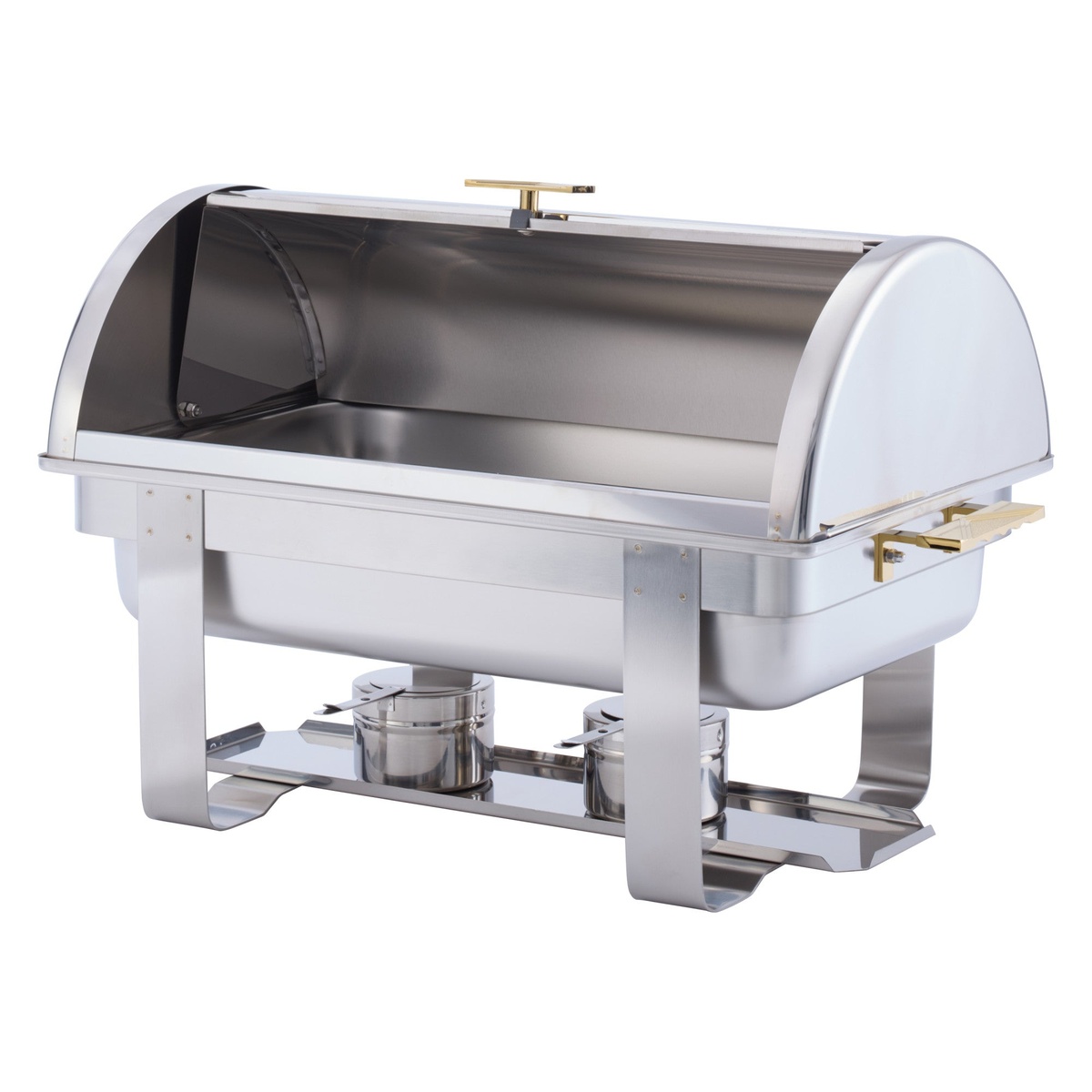 Winco Dallas chafer with roll-top cover slid open, revealing the interior food pan and dual fuel holders