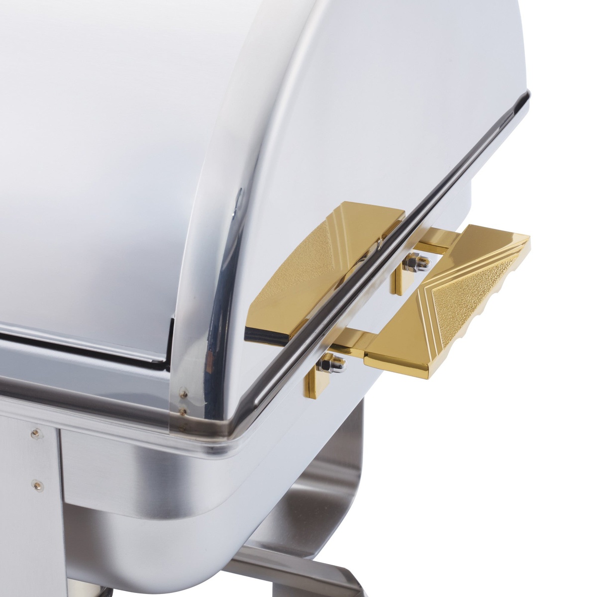 Close-up detail of the gold-tone accent latch and handle hardware on the Winco Dallas roll-top chafer