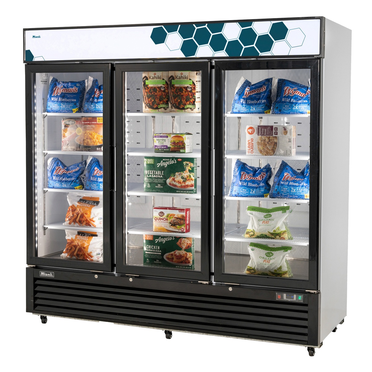 Migali C-72FM-HC three-door glass merchandiser freezer with white exterior, LED-lit interior, and lighted top display canopy
