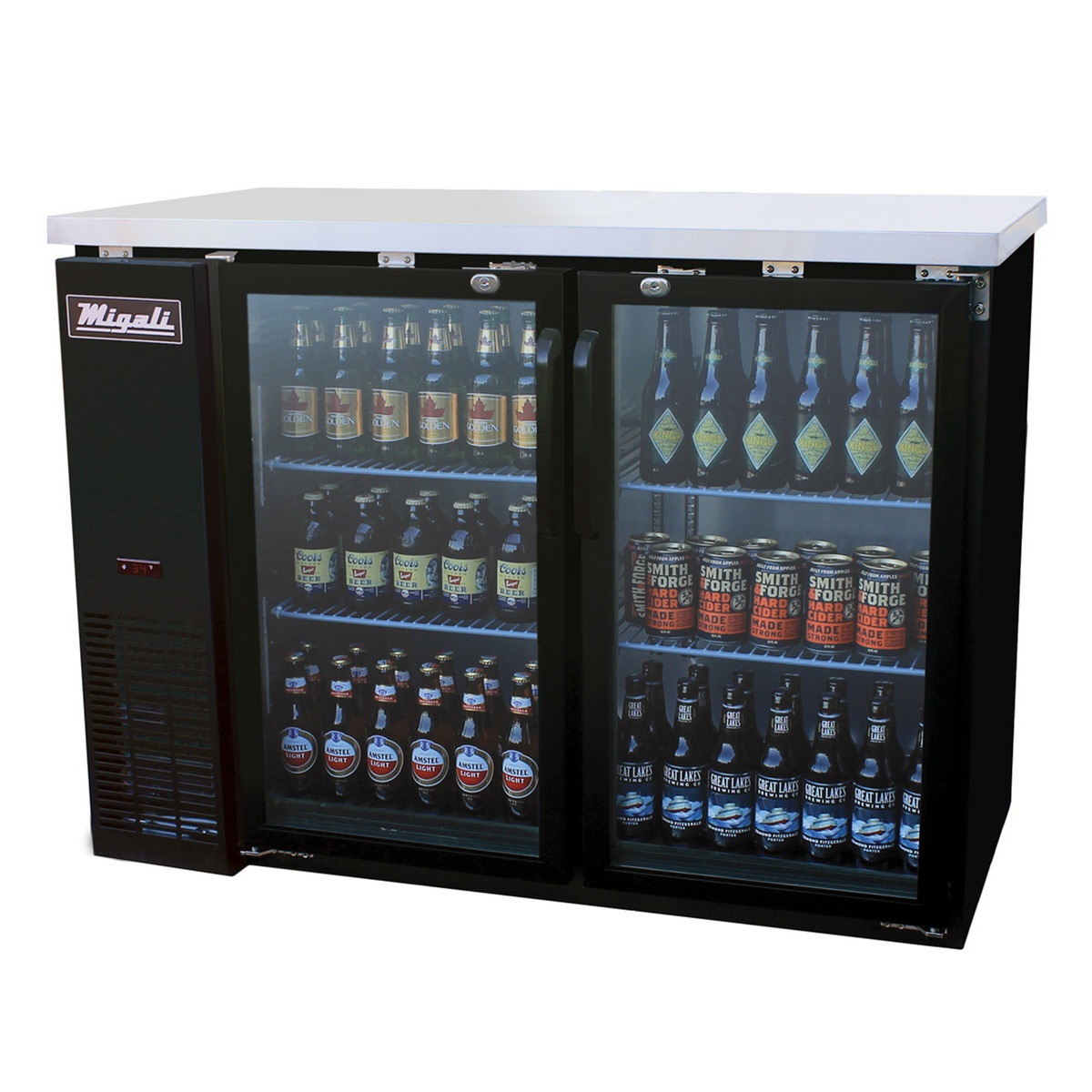 Migali C-BB48G-HC 48-inch two-section black back bar refrigerator with swinging glass doors, stainless steel top, and shelves stocked with bottled and canned beverages
