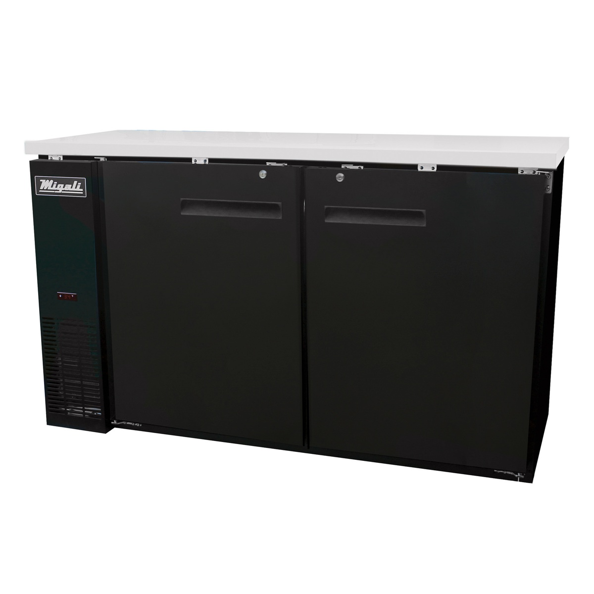 Migali C-BB60-HC 60-inch two solid door back bar refrigerator with black exterior and stainless steel top