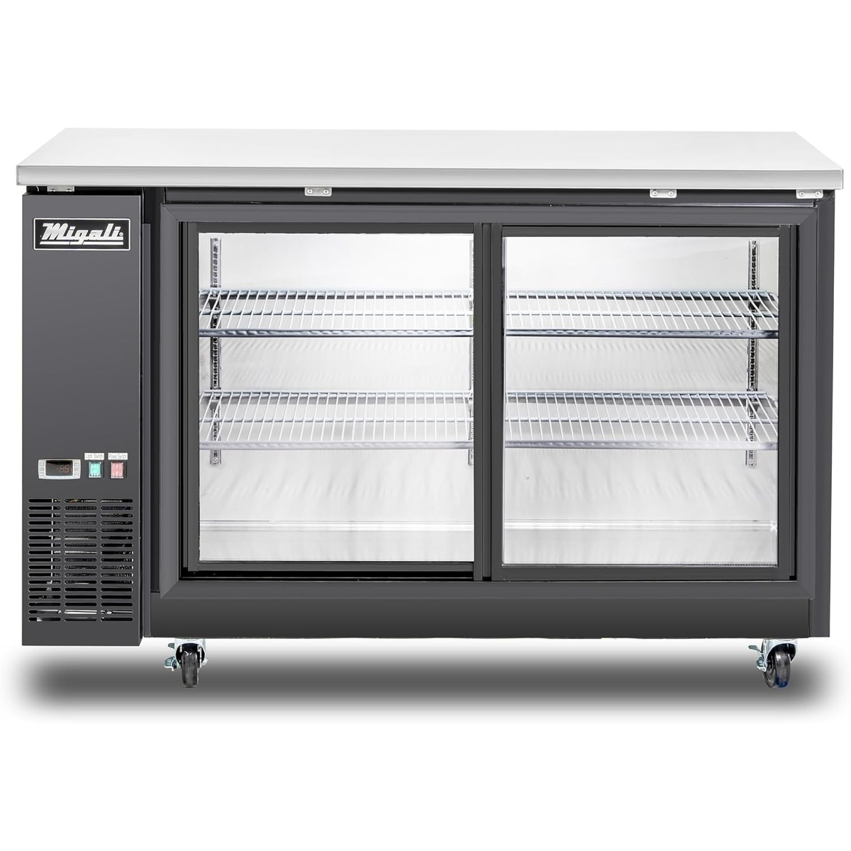 Migali C-BB60SG-HC 60-inch back bar refrigerator with two sliding glass doors, wire shelves, digital controller, and stainless steel top on casters