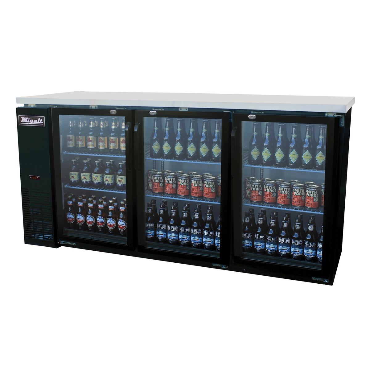 Migali C-BB72G-HC 72-inch three-door glass back bar refrigerator stocked with bottles and cans on black exterior with stainless steel top