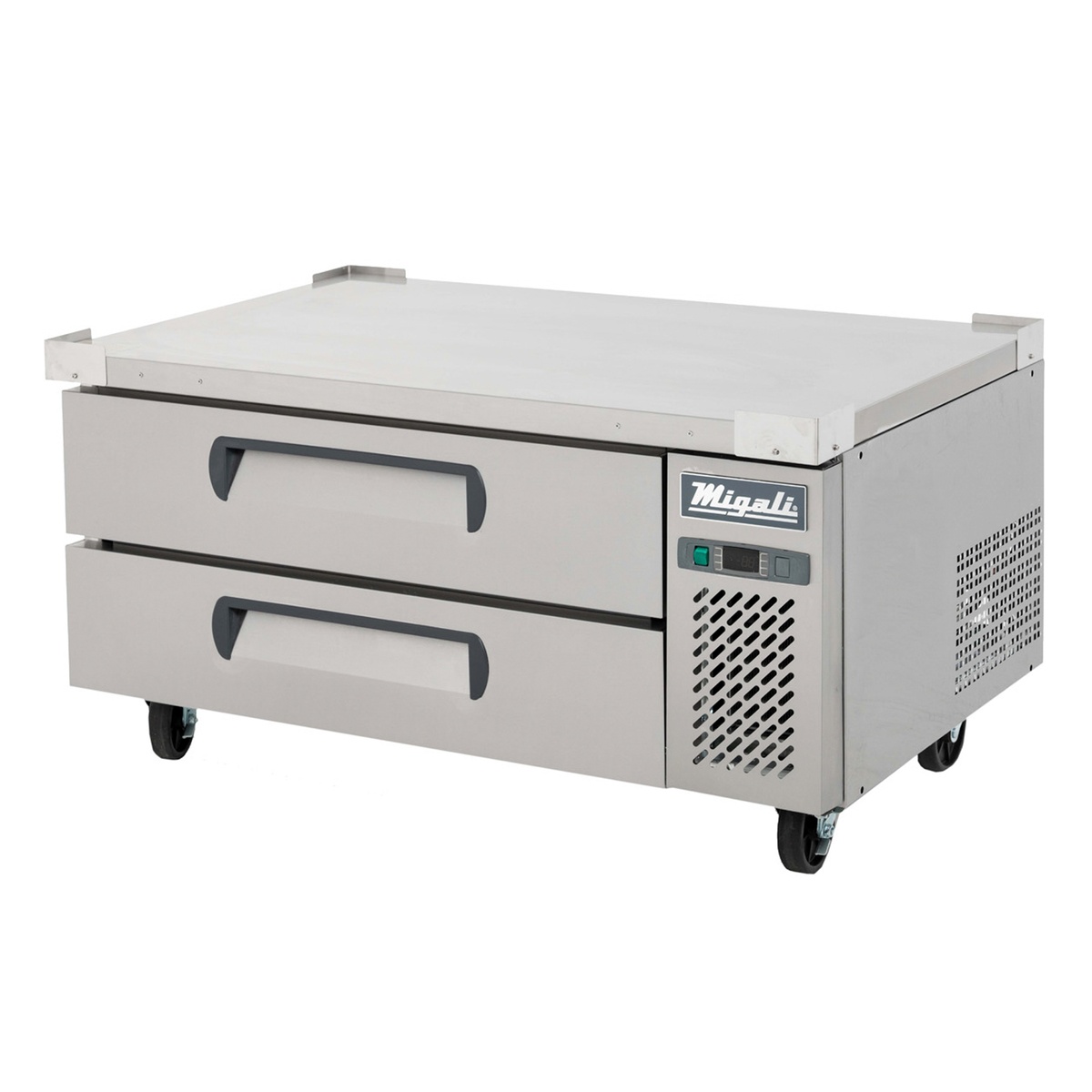 Migali C-CB48-HC 48-inch two-drawer refrigerated chef base with stainless steel top, recessed handles, digital controller, side-mounted compressor, and four 6-inch casters
