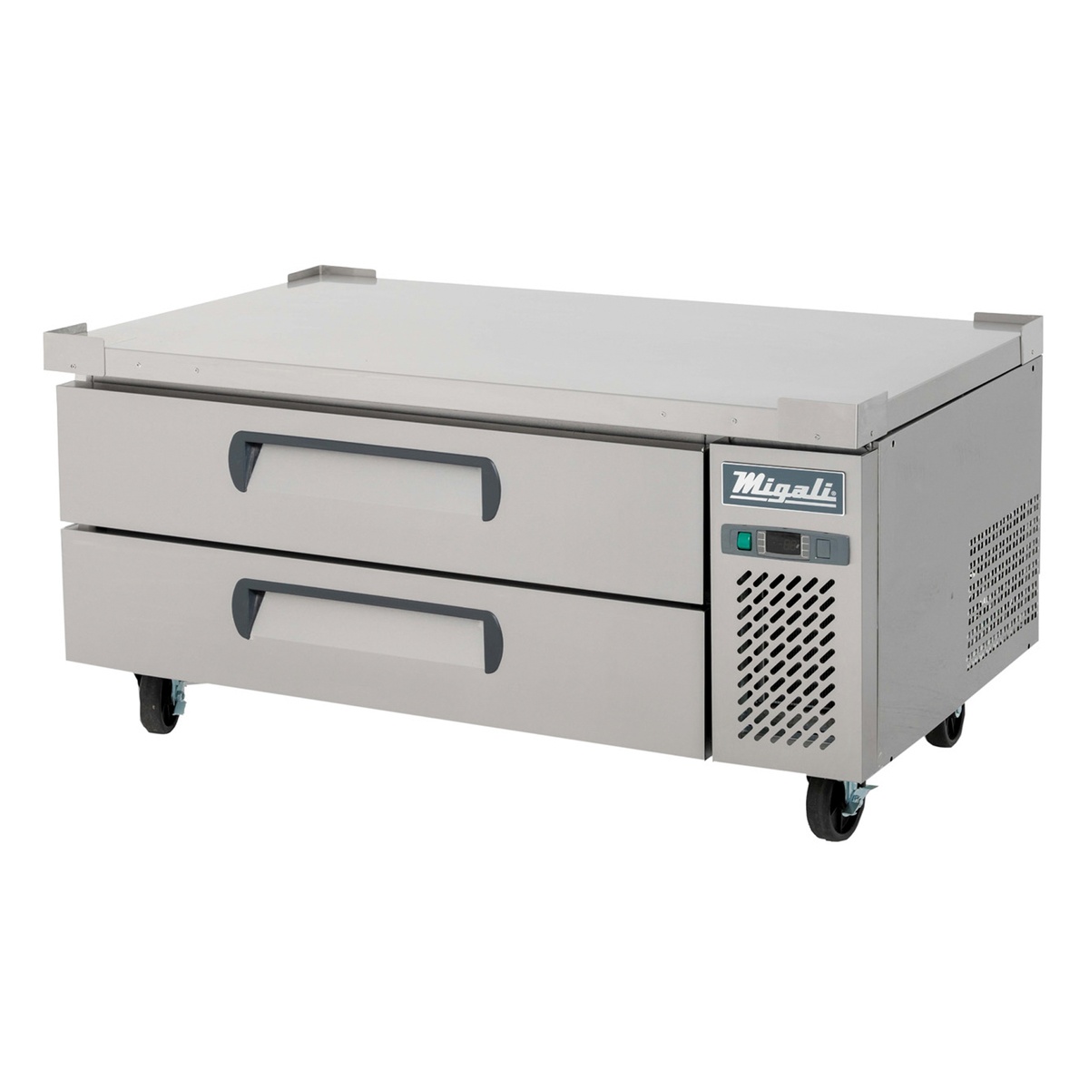 Migali C-CB52-60-HC 60.5-inch stainless steel refrigerated chef base with two drawers and preinstalled casters
