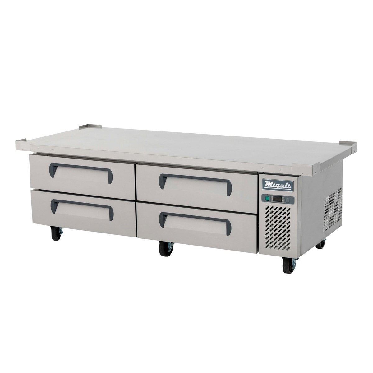 Migali C-CB72-76-HC 76-inch refrigerated chef base with 4 stainless steel drawers and extended top on casters