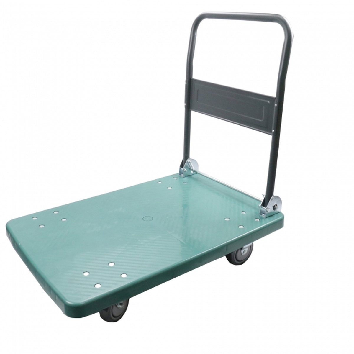 GSW USA C-D1828 fold-down platform truck with green plastic deck and gray metal handle, mounted on four casters