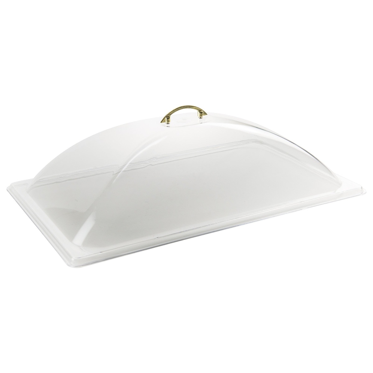 Winco C-DP1 full-size clear polycarbonate dome cover with gold handle, rectangular shape on white background