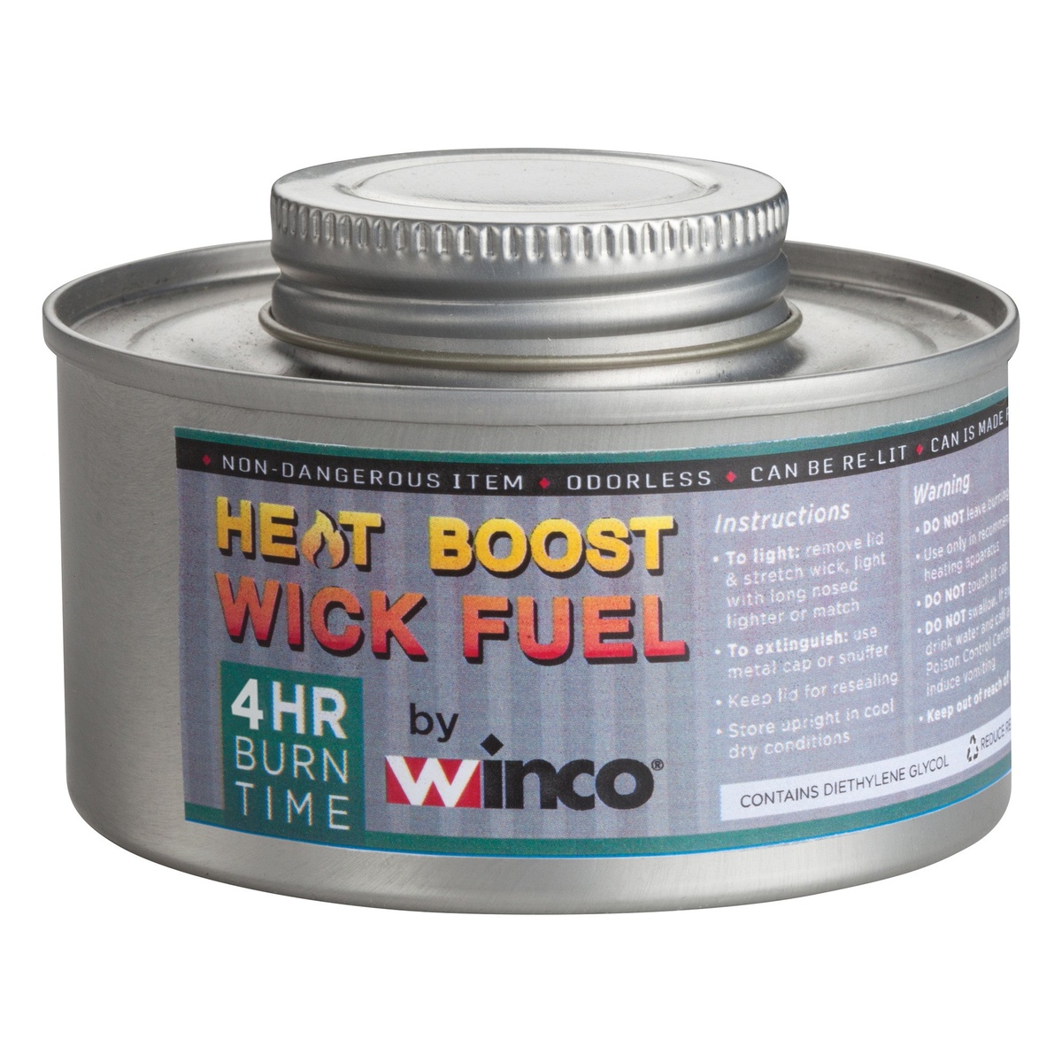 Winco C-F4 chafing fuel can with twist cap, Heat Boost Wick Fuel label showing 4-hour burn time and diethylene glycol contents