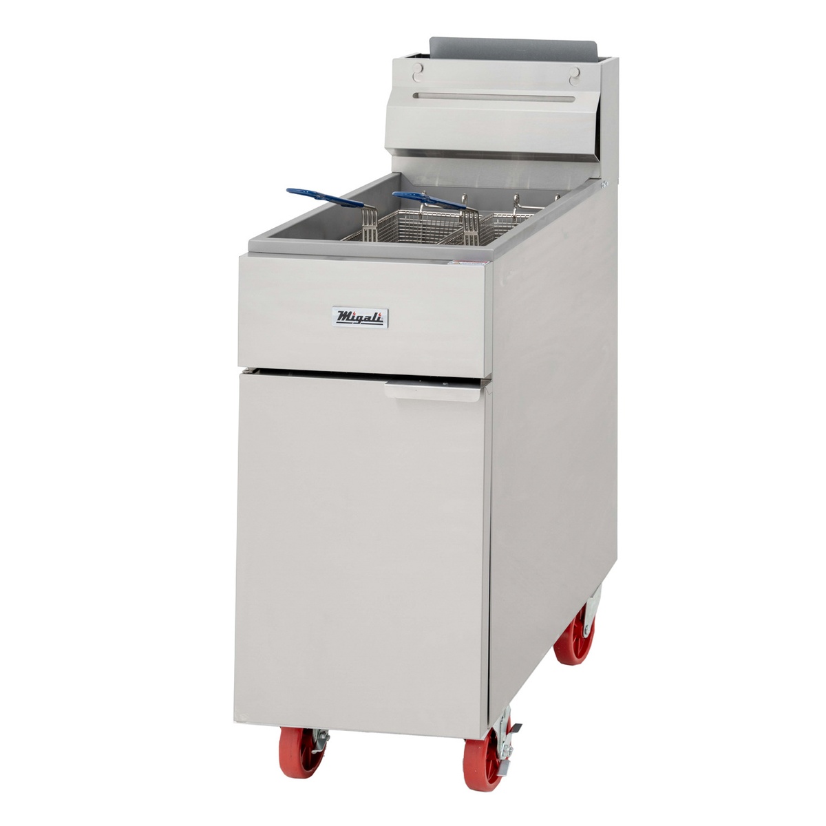 Migali C-F50-LP stainless steel liquid propane floor fryer with two wire baskets and red casters