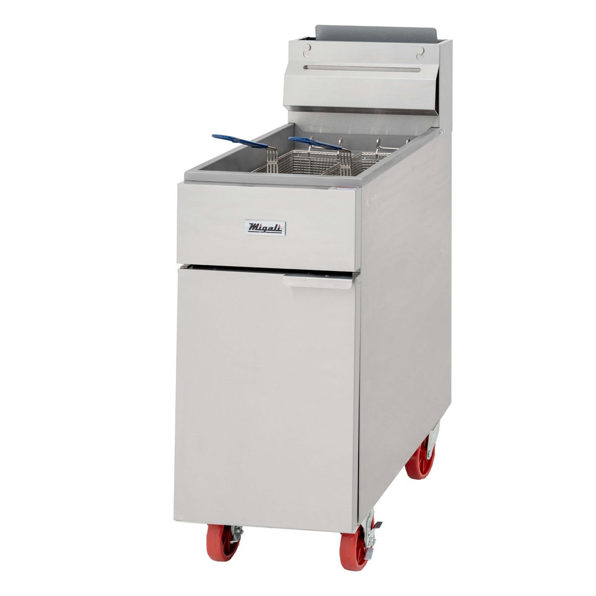 Migali C-F50-NG stainless steel natural gas floor fryer with two wire baskets and red casters
