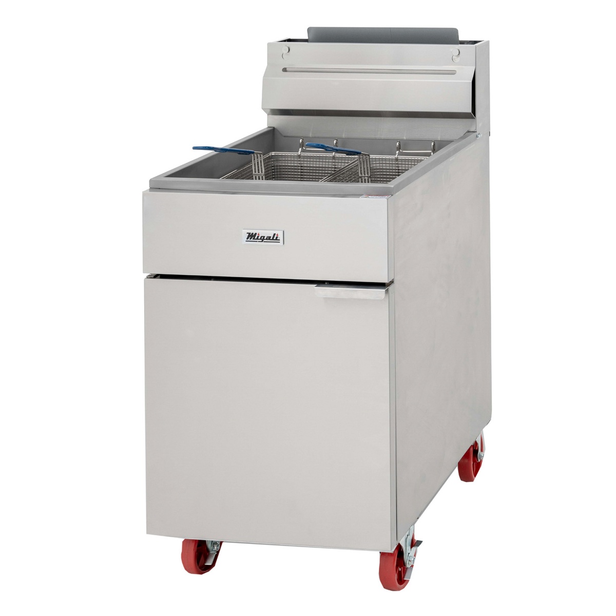 Migali C-F75-LP 75 lb liquid propane floor fryer with two wire baskets and red casters on white background