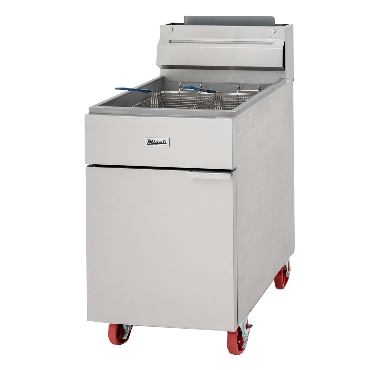 Migali C-F75-NG floor model natural gas fryer with two wire mesh baskets and red casters on white background