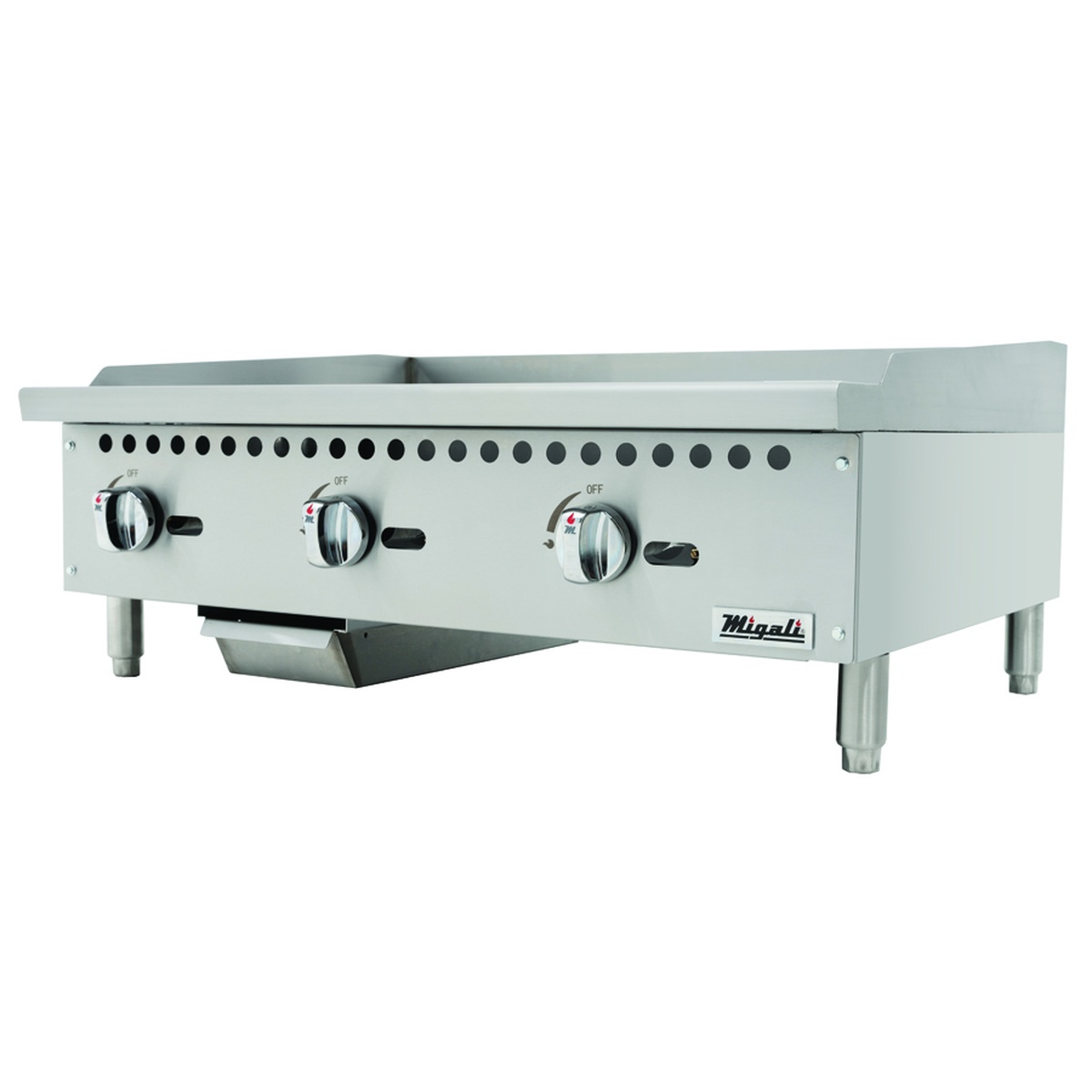 Side view of Migali C-G36 griddle showing three manual knobs and stainless body