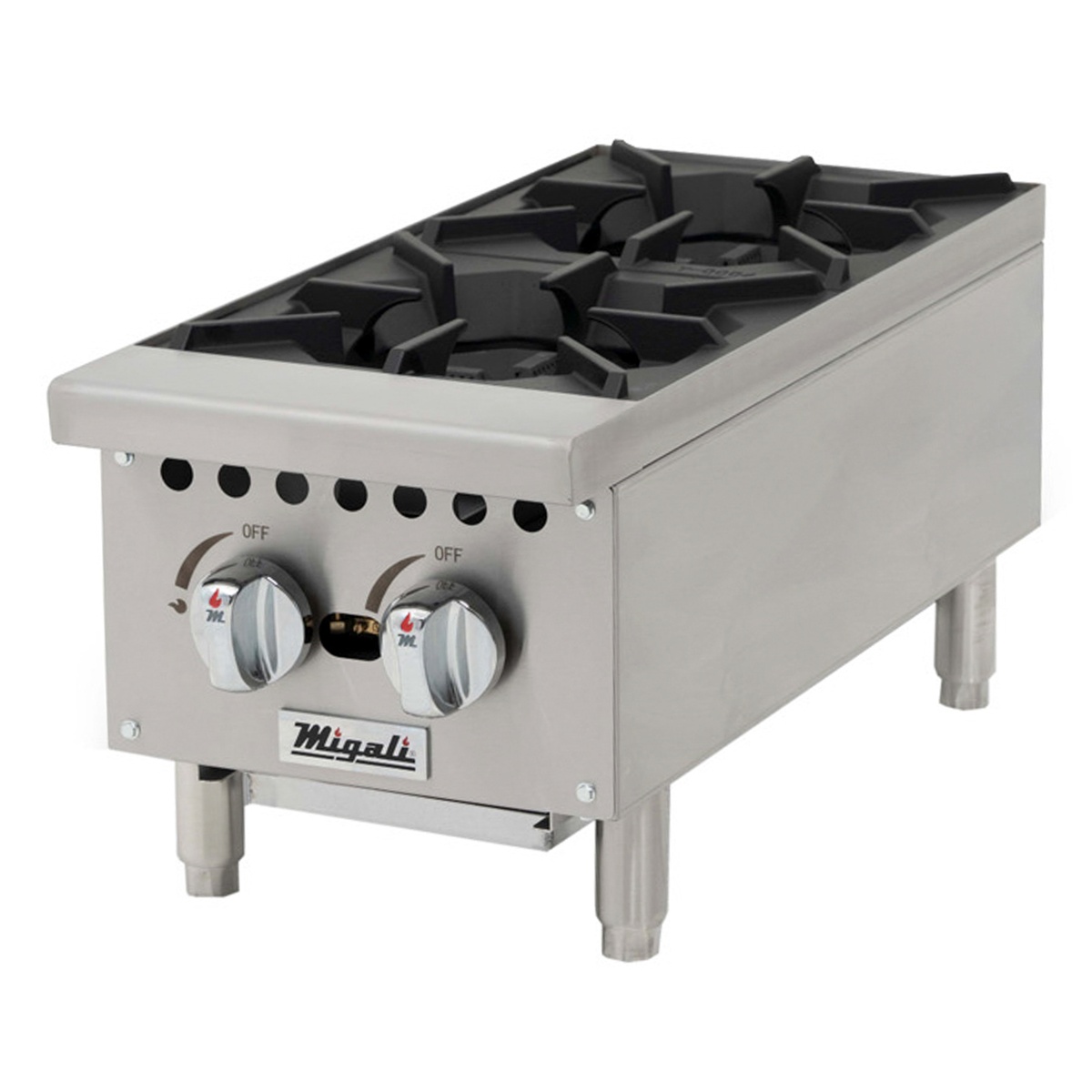 Migali two-burner stainless steel countertop gas hot plate with cast iron grates