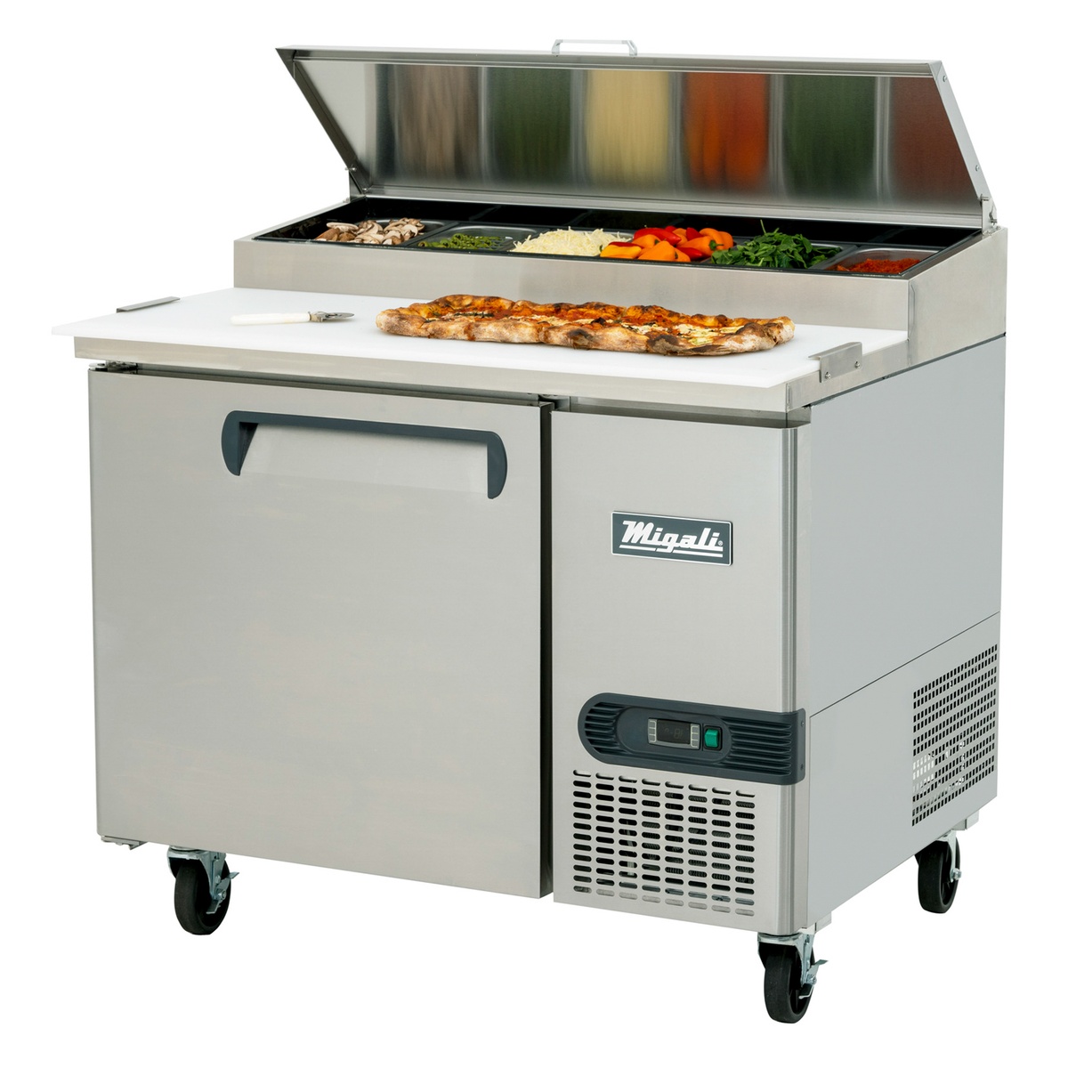 Migali C-PP44-HC 44-inch refrigerated pizza prep table with open topping rail showing ingredient pans, white cutting board, and single solid stainless steel door