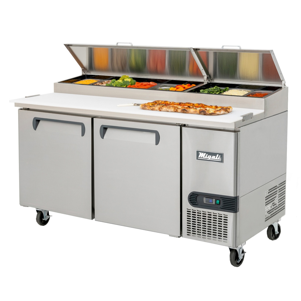 Migali C-PP67-HC 67-inch pizza prep table with open lids showing ingredient pans and cutting board
