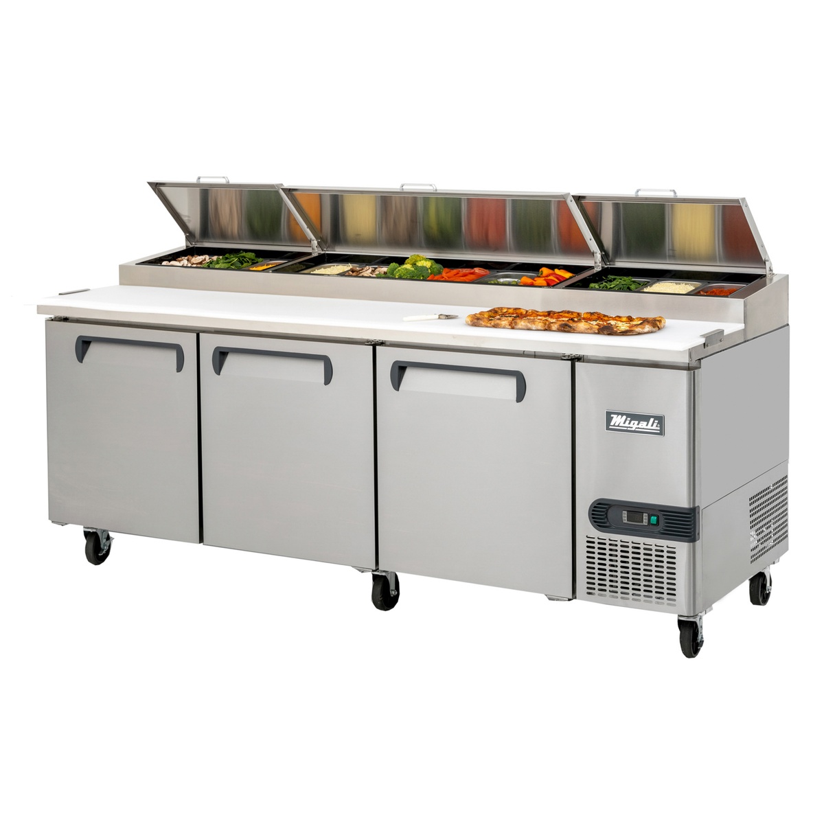 Migali C-PP93-HC 93-inch three-door pizza prep table with open insulated pan lids revealing ingredient pans and a poly cutting board