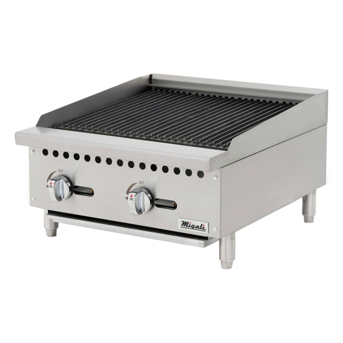 Migali C-RB24 24-inch countertop gas radiant charbroiler with two control knobs