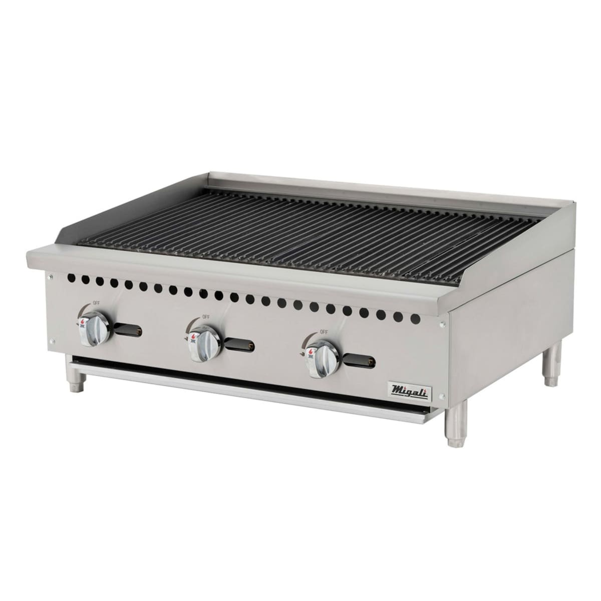 Migali C-RB36 36-inch countertop gas radiant charbroiler with three control knobs and cast iron grates