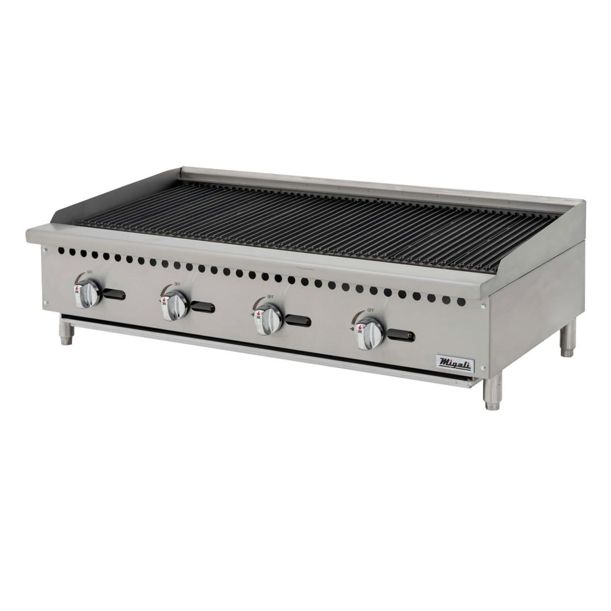 Migali C-RB48 48 inch countertop radiant charbroiler with four control knobs