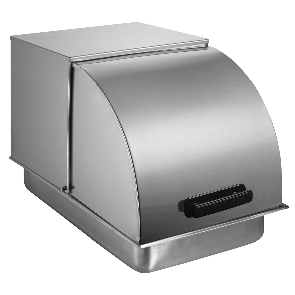 Angled view of roll-top cover mounted on a full-size pan
