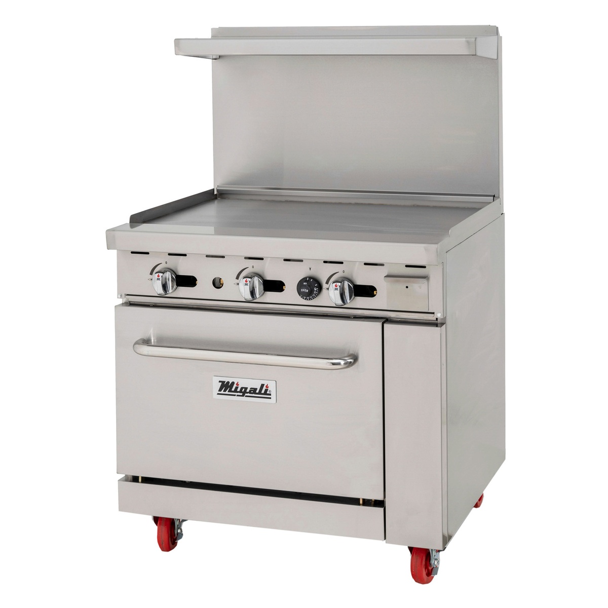 Migali C-RO-36G-NG 36-inch natural gas range with full griddle top, chrome control knobs, single oven below, and red casters