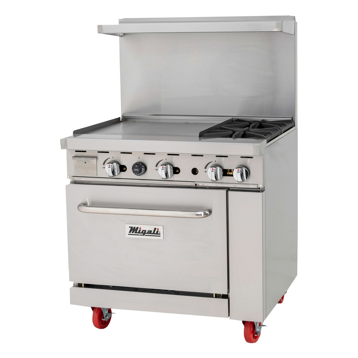 Migali 2-burner natural gas range with 24-inch left griddle and standard oven