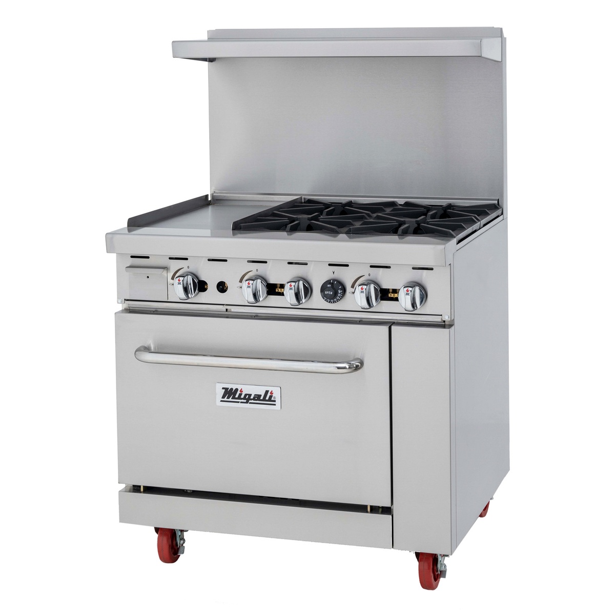 Migali 36 inch gas range with four burners, left-side 12 inch griddle, and single oven