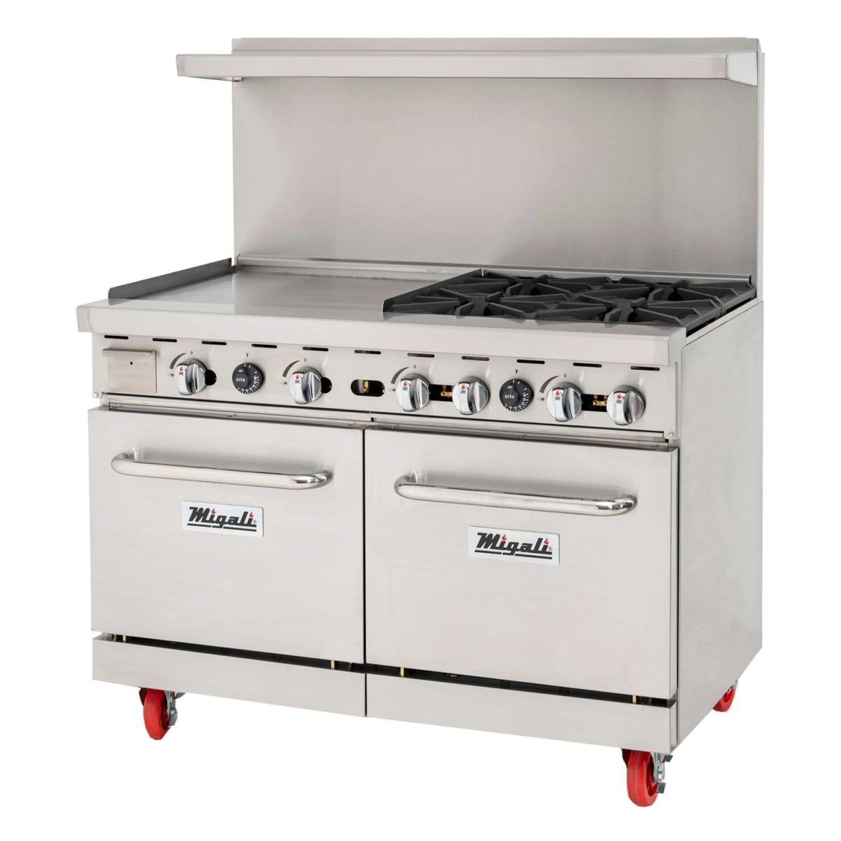 Migali C-RO4-24GL-LP 48-inch stainless steel gas range with 24-inch left-side griddle, four open burners, dual standard ovens, rear backsplash, and red casters