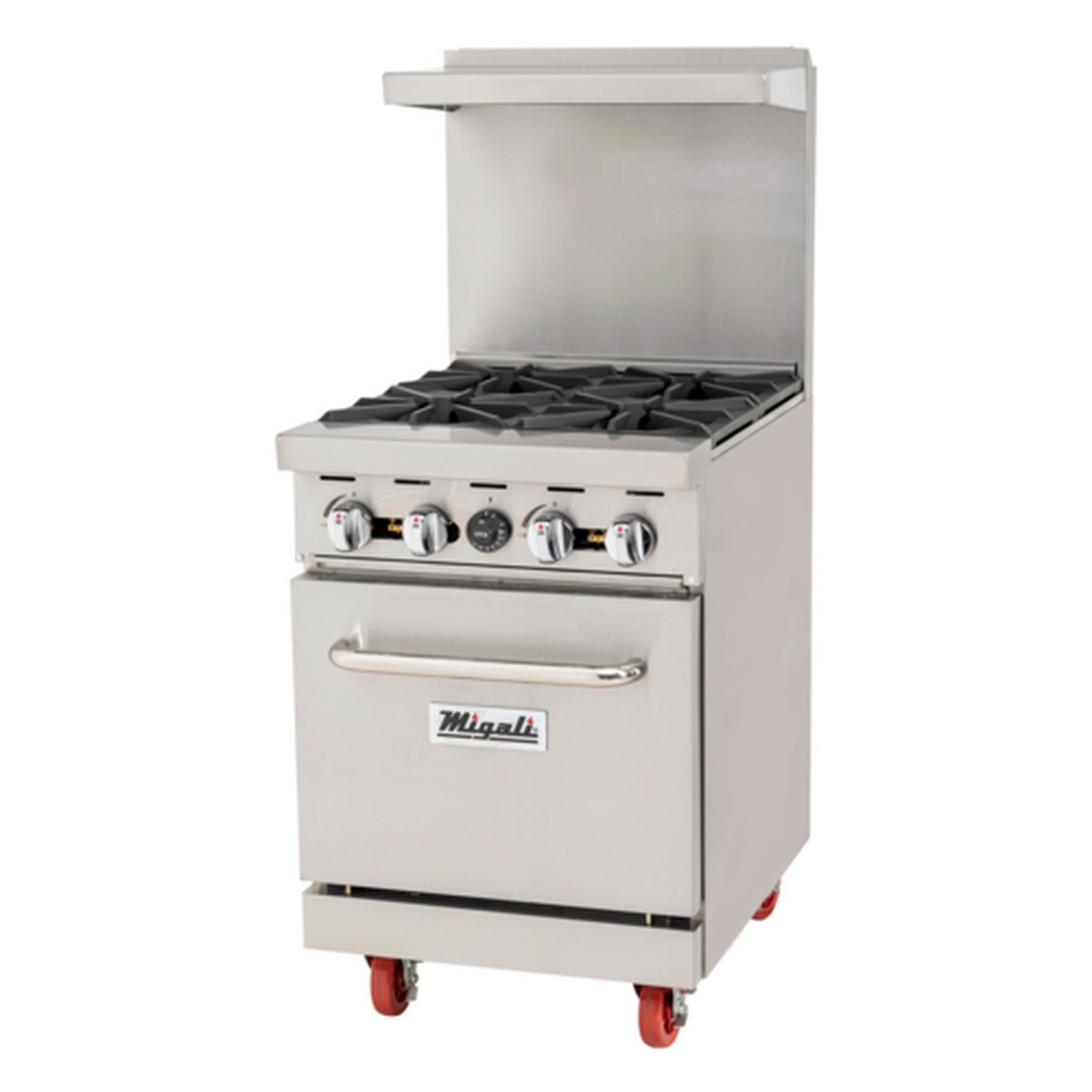Migali C-RO4-LP 24-inch 4-burner liquid propane range with stainless steel exterior, cast iron grates, oven below, stainless backsplash with top shelf, and red casters