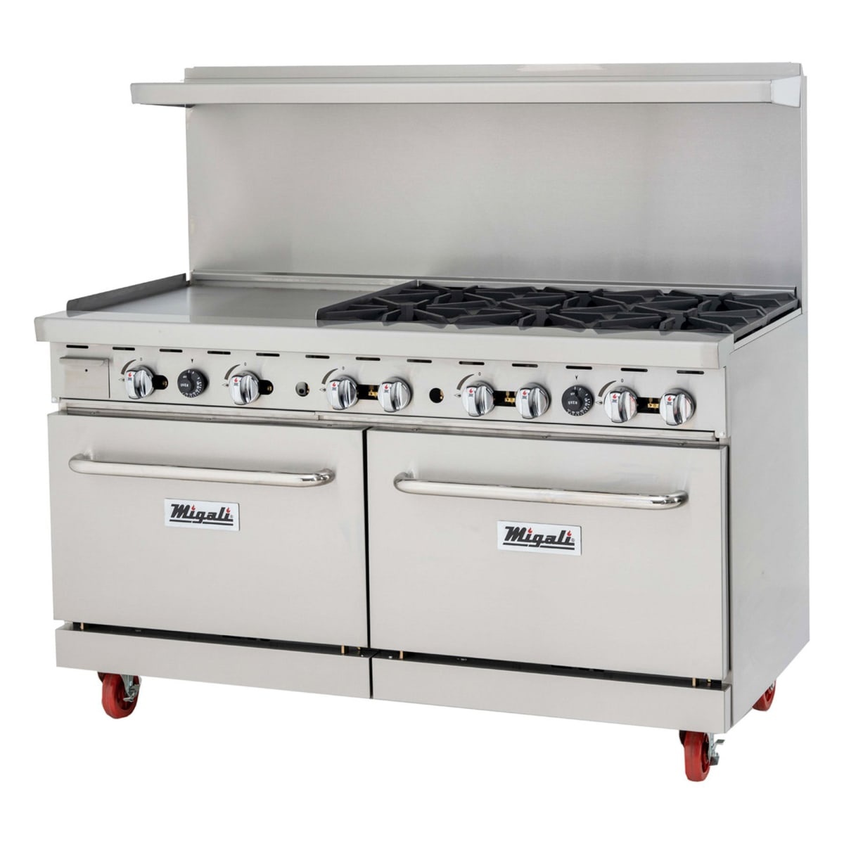 Migali 60 inch liquid propane range with 6 burners, left-side 24 inch griddle, and double ovens