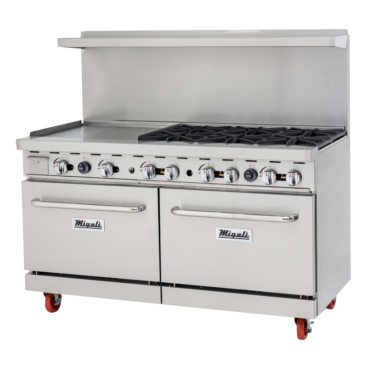 Migali C-RO6-24GL-NG stainless steel commercial range with six burners, left-side griddle, and two oven doors