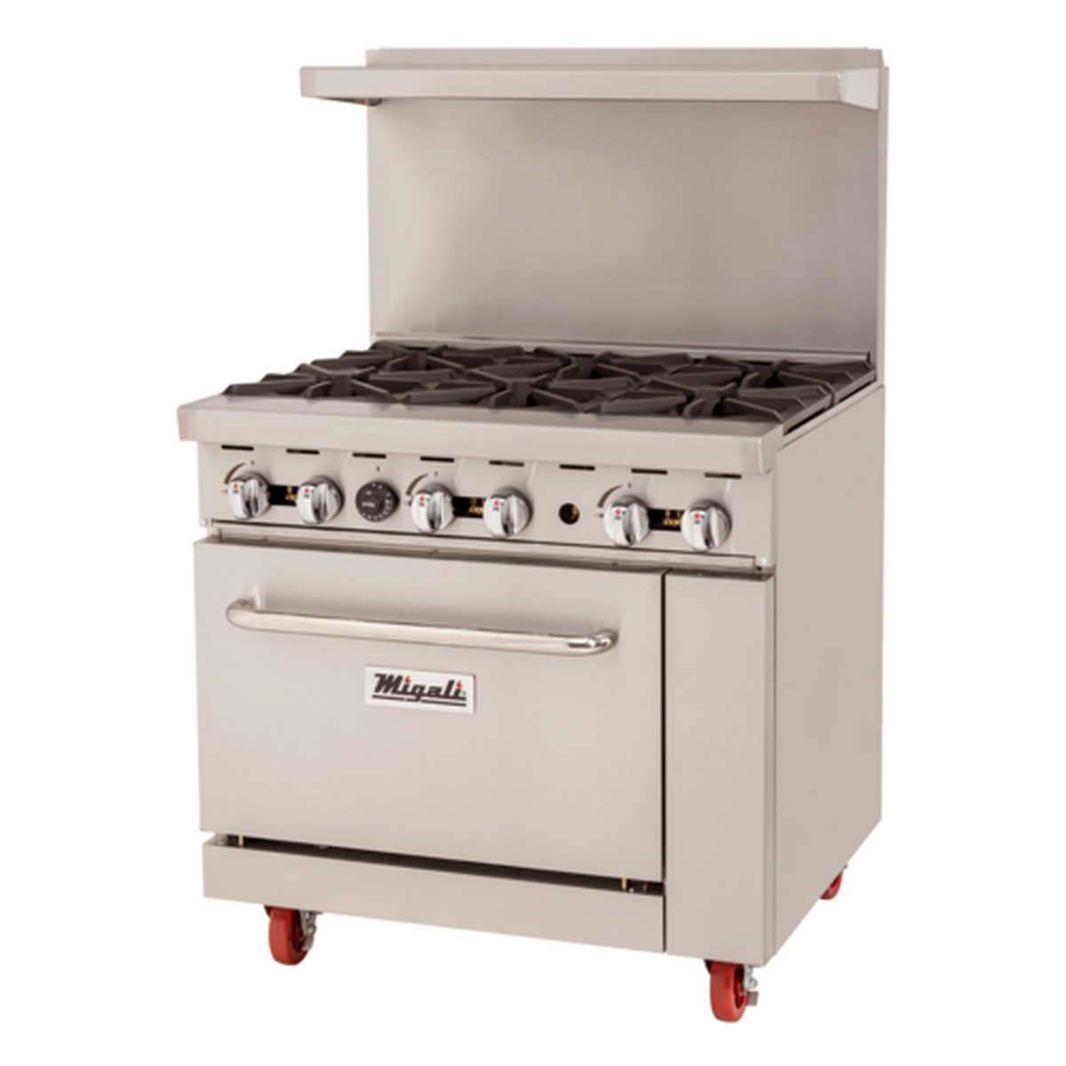 Migali C-RO6-NG 36-inch 6-burner natural gas range with standard oven, stainless steel exterior, cast iron grates, chrome knobs, and red casters