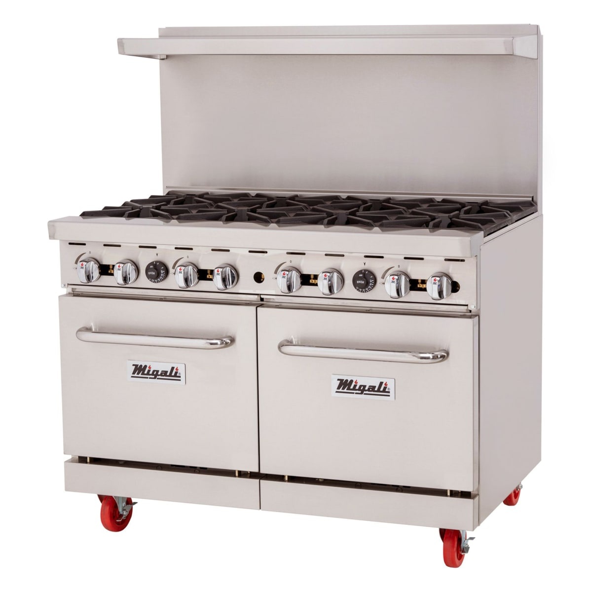Migali C-RO8-NG 48-inch 8-burner natural gas range with two standard ovens, stainless steel exterior, cast iron grates, and red casters