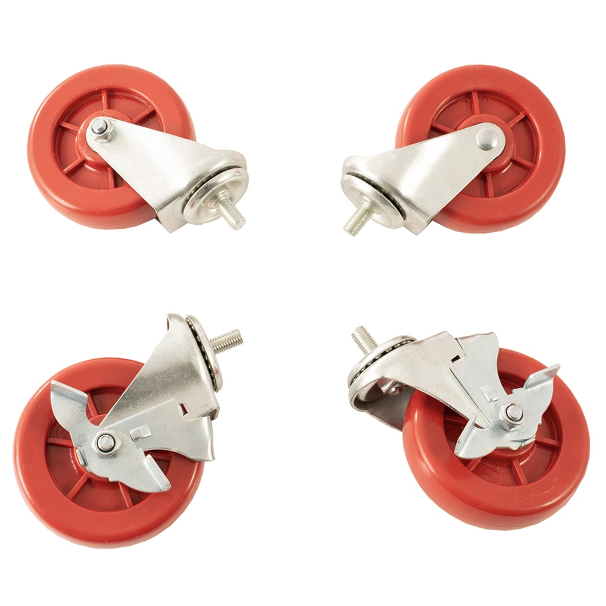 Four red heavy-duty swivel casters included with the Migali C-RO8-NG range, two with locking brakes