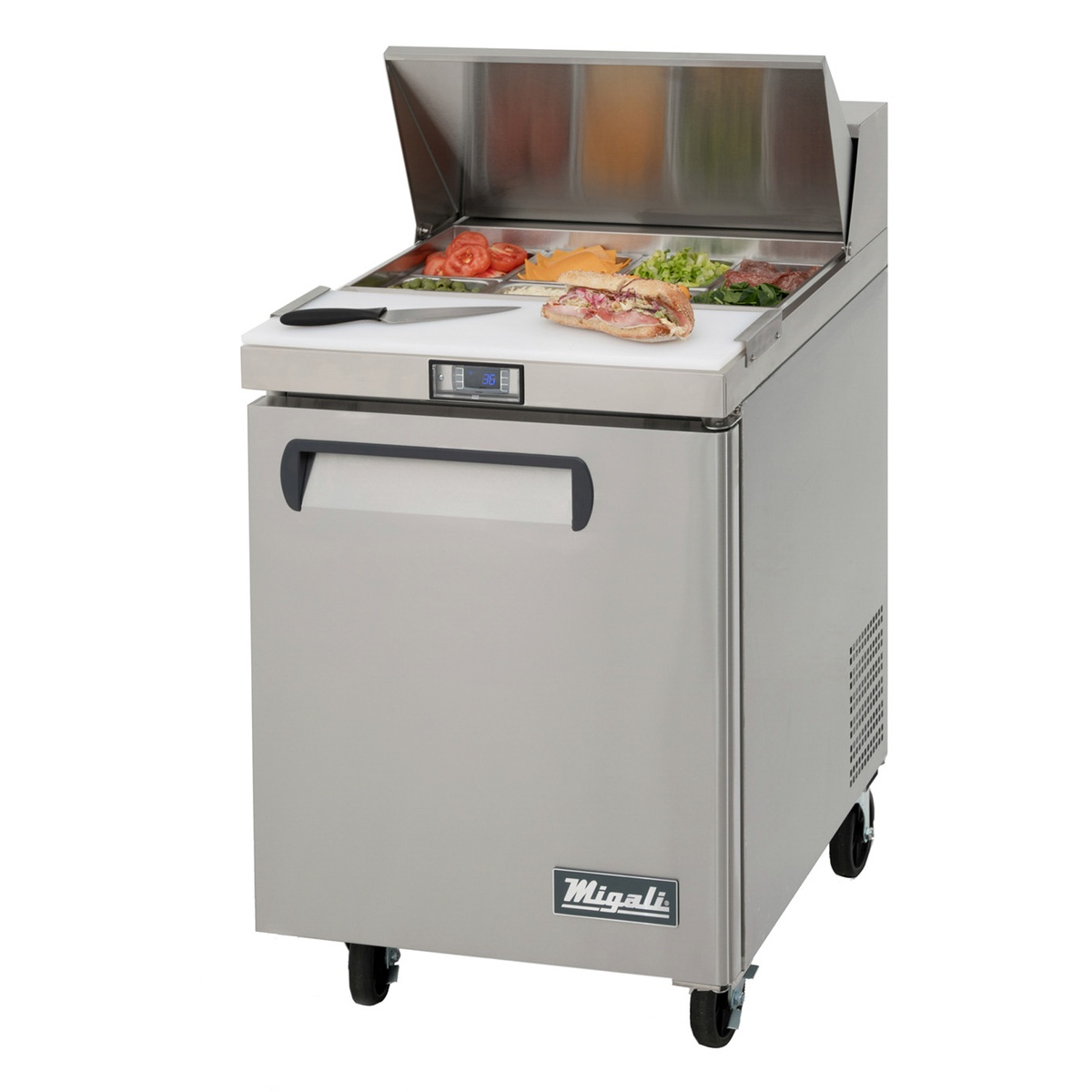 Migali C-SP27-8-HC 27.5-inch sandwich prep table with open insulated hood, pan rail loaded with ingredients, white cutting board, and single solid door on casters