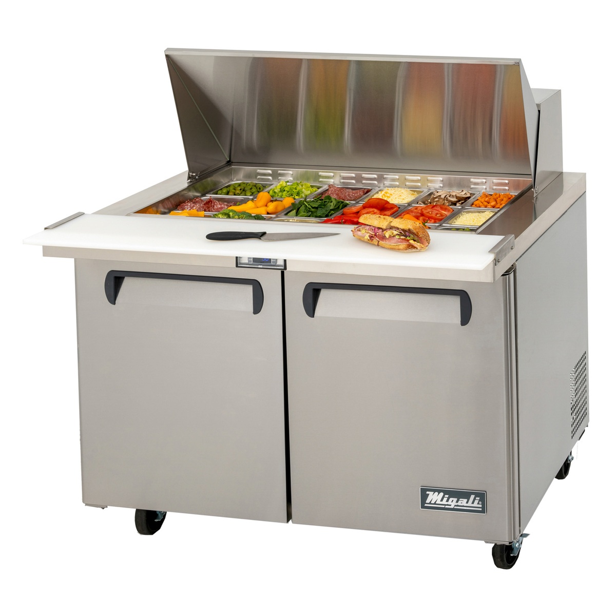 Migali C-SP48-18BT-HC 48-inch Big Top sandwich prep table with open insulated hood, full pan rail loaded with ingredient pans, white cutting board, and two solid stainless steel doors on casters