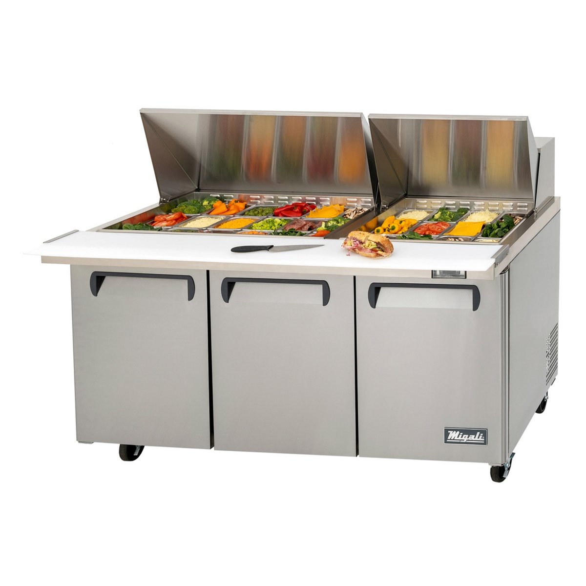 Migali C-SP72-30BT-HC 72-inch Big Top sandwich prep table with three solid doors, open insulated roll covers revealing filled ingredient pans, and a polyethylene cutting board on a white background