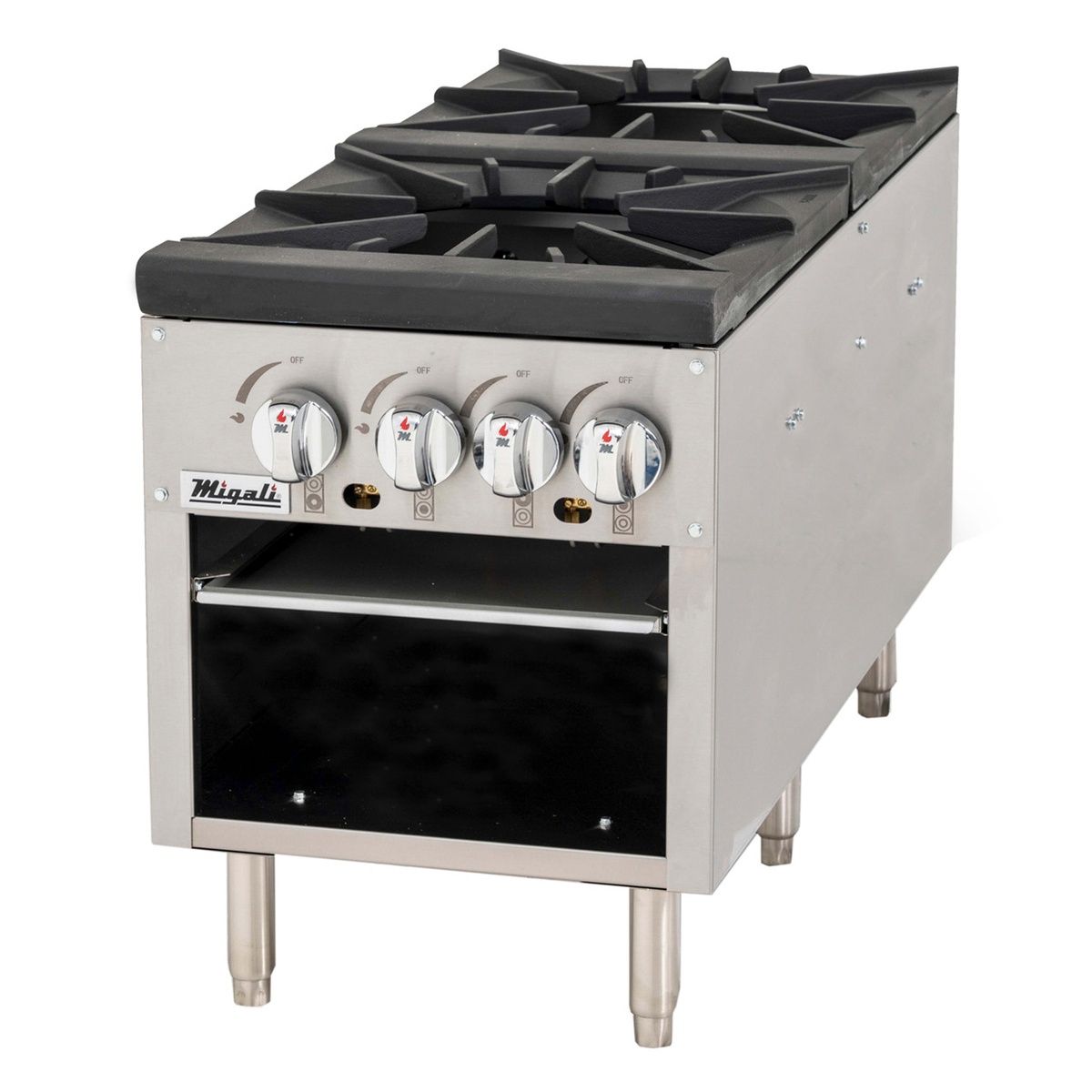 Migali C-SPS-2-18 18-inch four-burner countertop gas stock pot range with stainless steel exterior, four chrome knobs, removable cast iron grates, open storage base, and adjustable legs