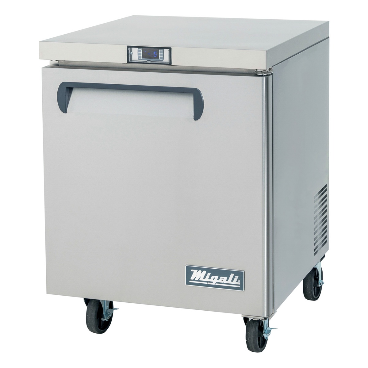 Migali C-U27F-HC 27-inch stainless steel undercounter worktop freezer with digital display, recessed handle, and pre-installed casters