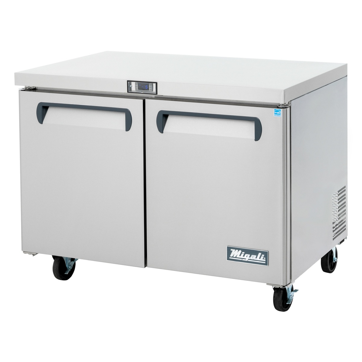 Migali C-U48F-HC 48-inch two-door undercounter worktop freezer in stainless steel on casters