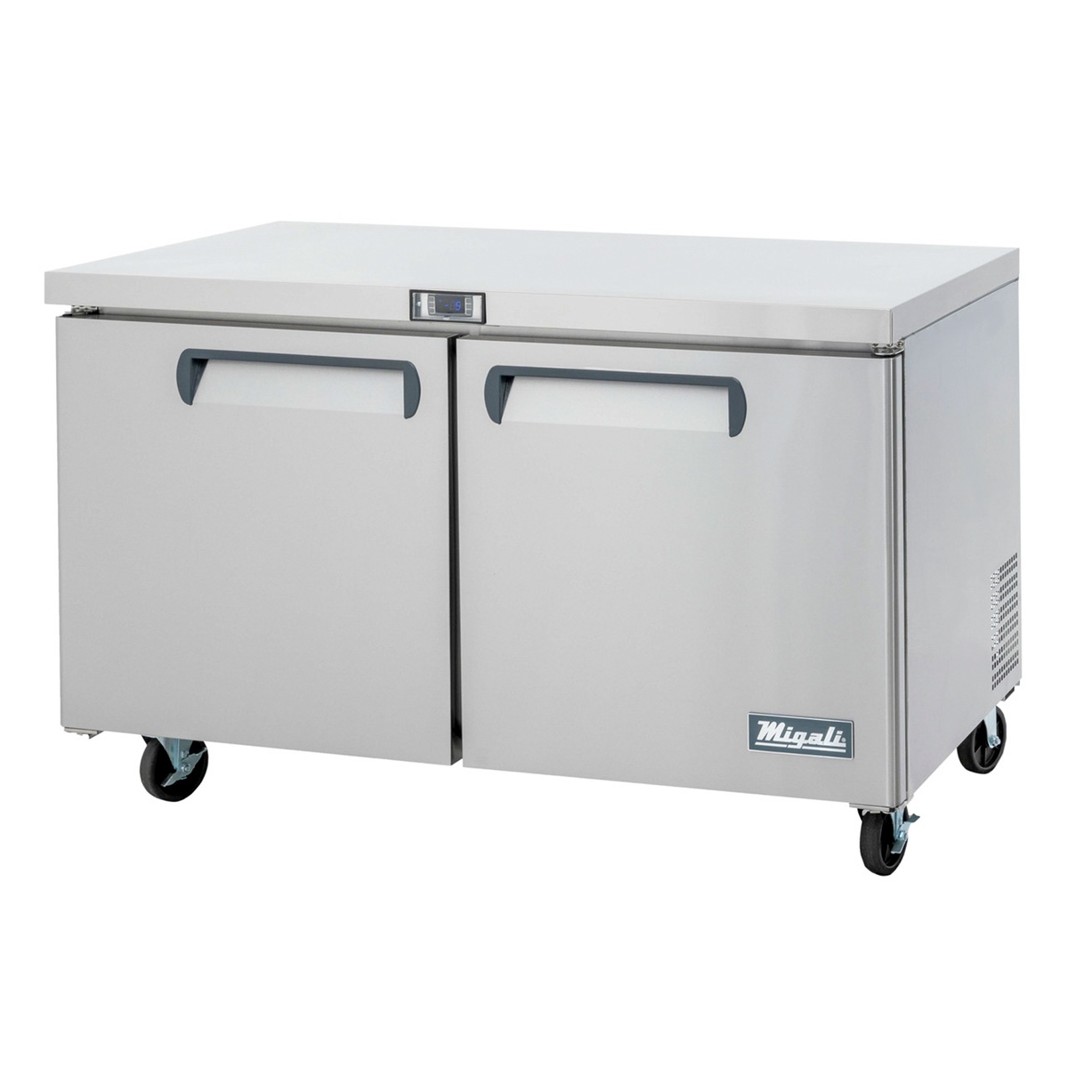 Migali C-U60F-HC 60-inch two-door undercounter worktop freezer in stainless steel with recessed handles and casters