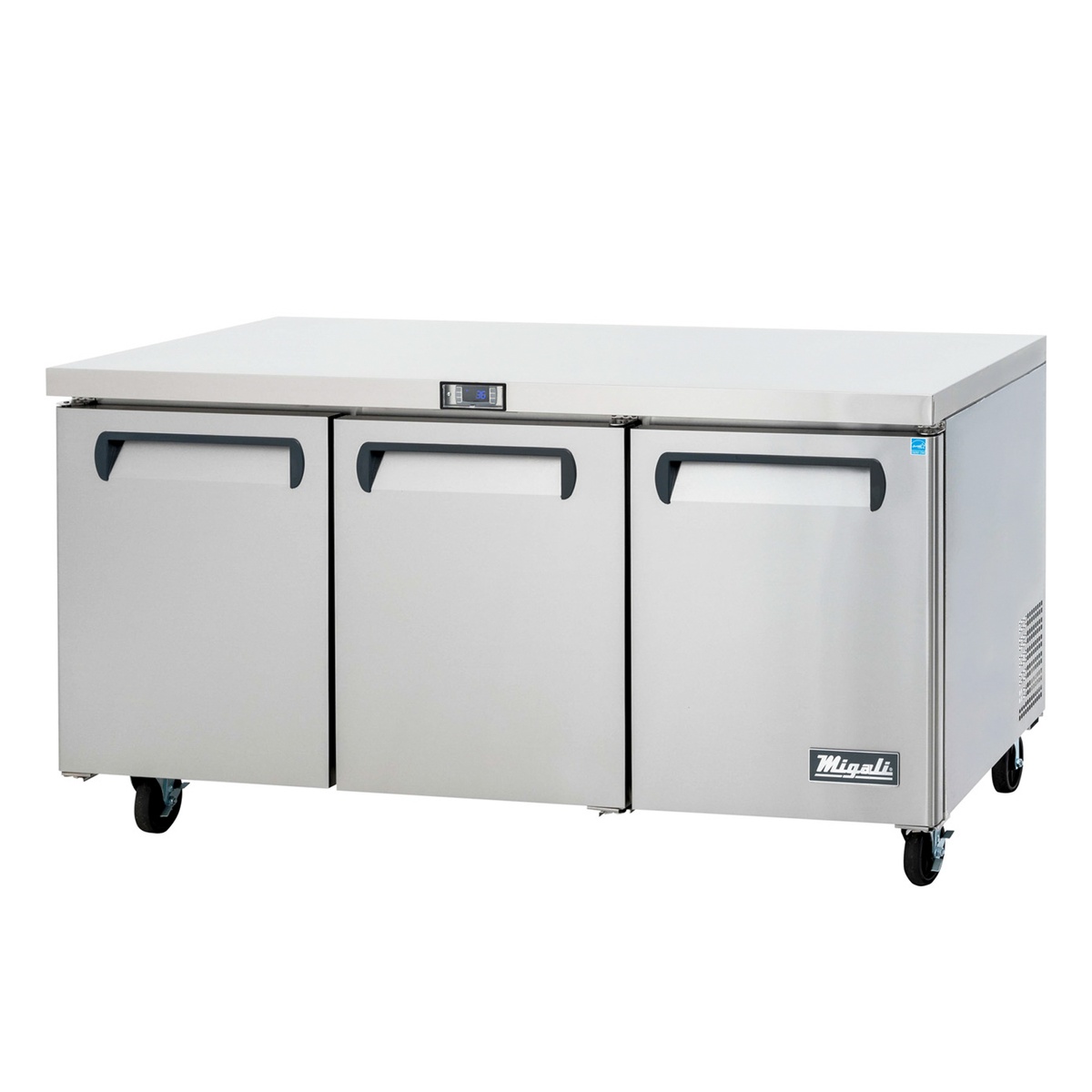 Migali C-U72R-HC three-door stainless steel undercounter worktop refrigerator on casters with digital display