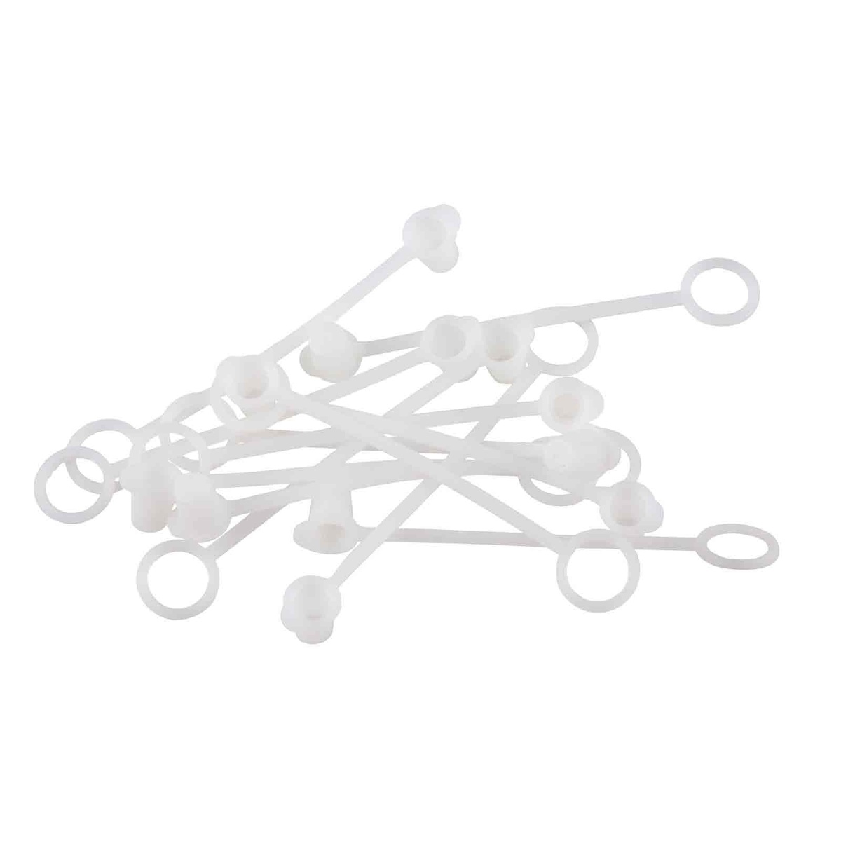 Pack of 12 TableCraft C100TC white tethered squeeze bottle caps spread out showing quantity