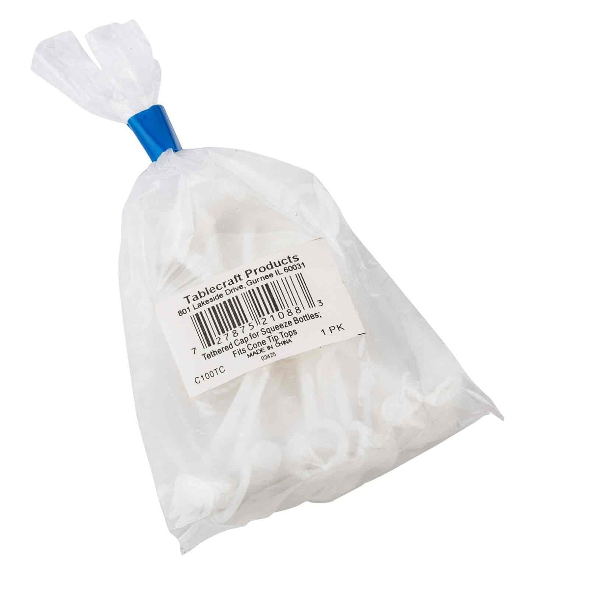 TableCraft C100TC tethered caps packaged in sealed poly bag with product label showing barcode and model number
