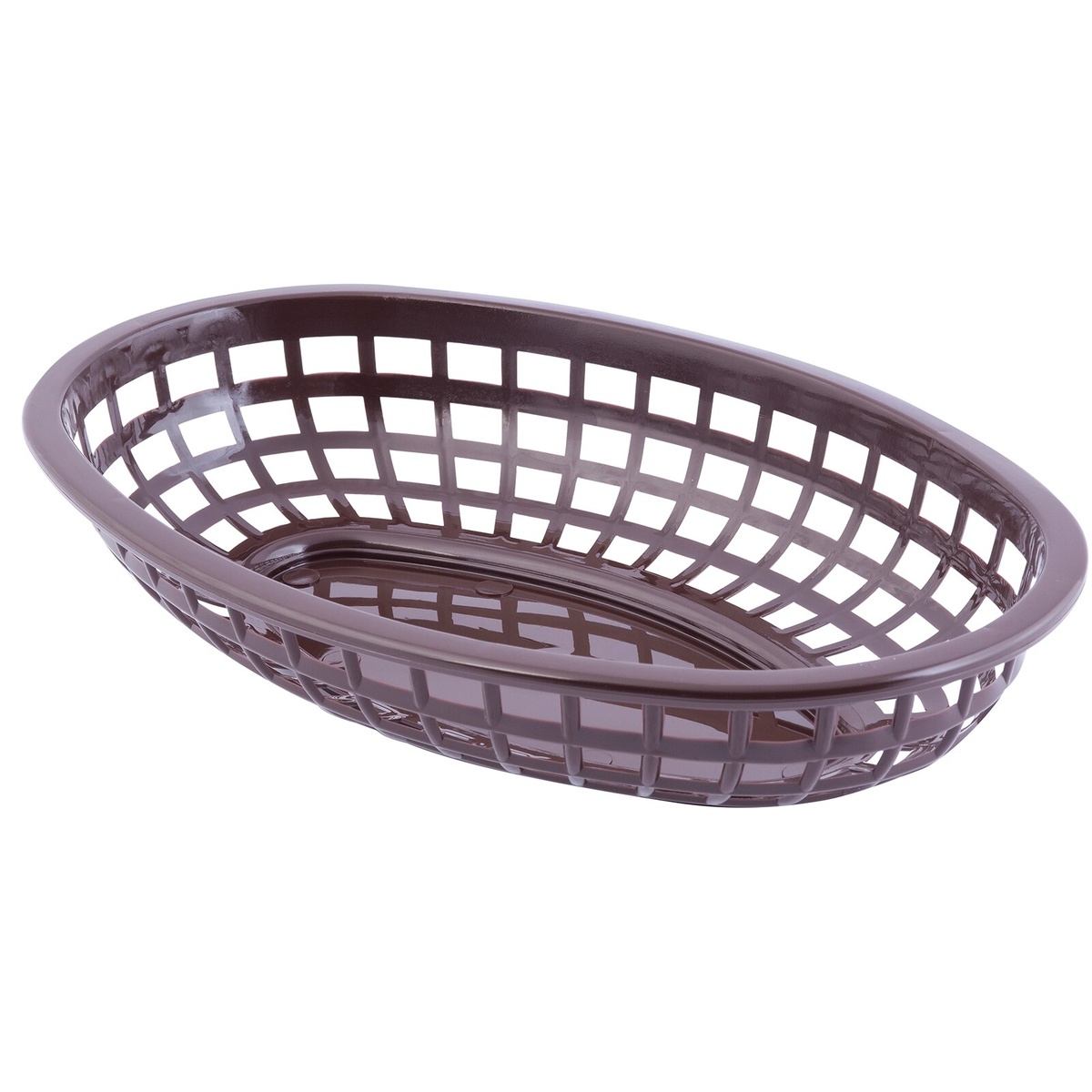 TableCraft C1074BR brown oval plastic basket, side-angled view showing grid sidewalls and solid base