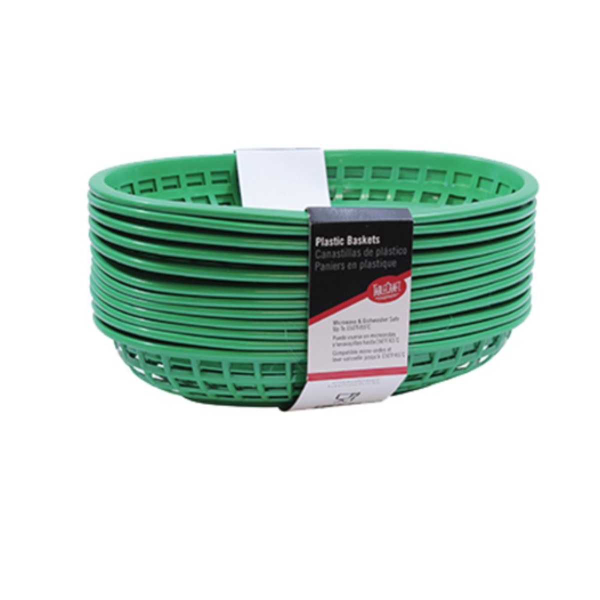 Stack of 12 green oval plastic TableCraft serving baskets bundled with product label