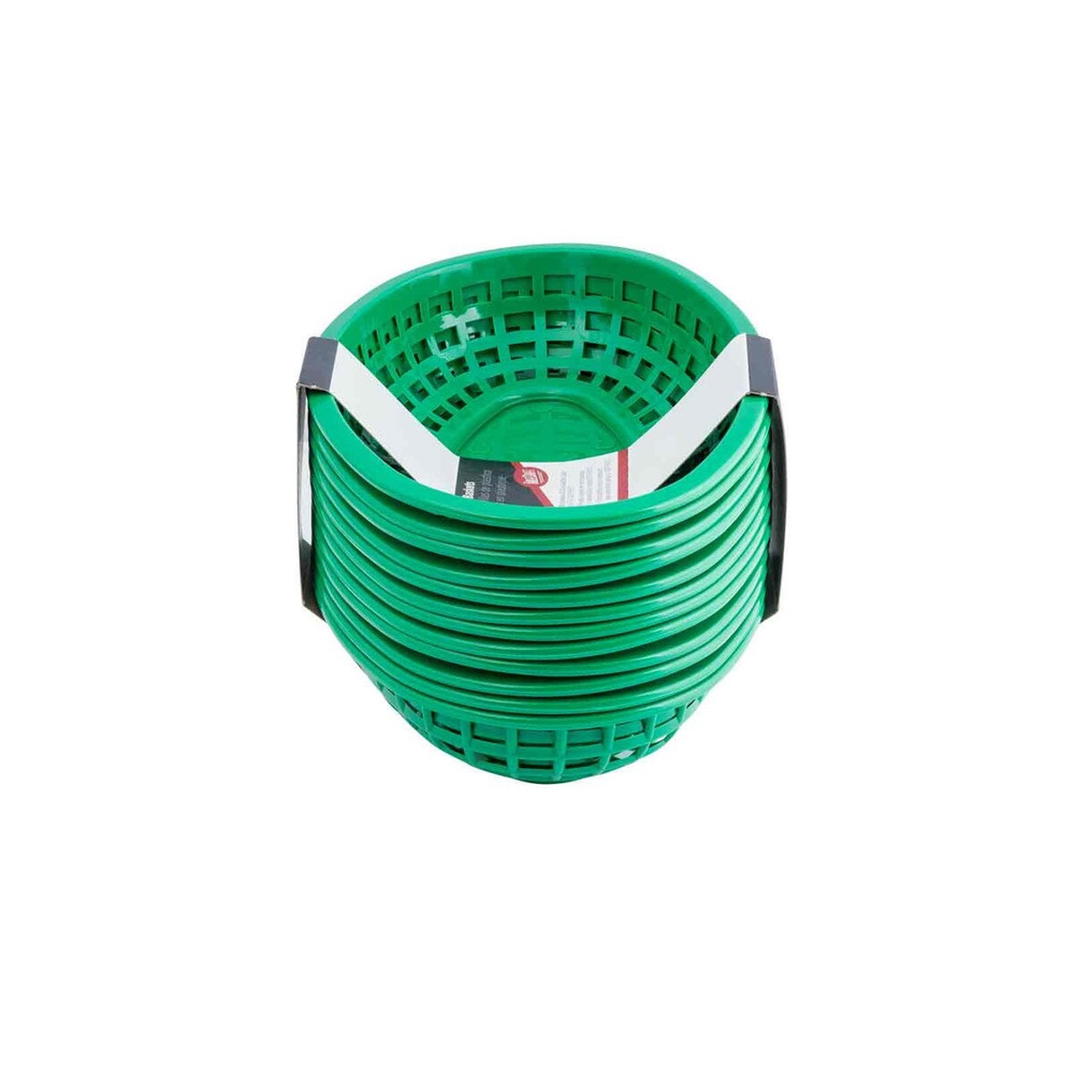 Top-down view of stacked TableCraft C1074G green oval plastic baskets showing interior lattice bottom and stacking design